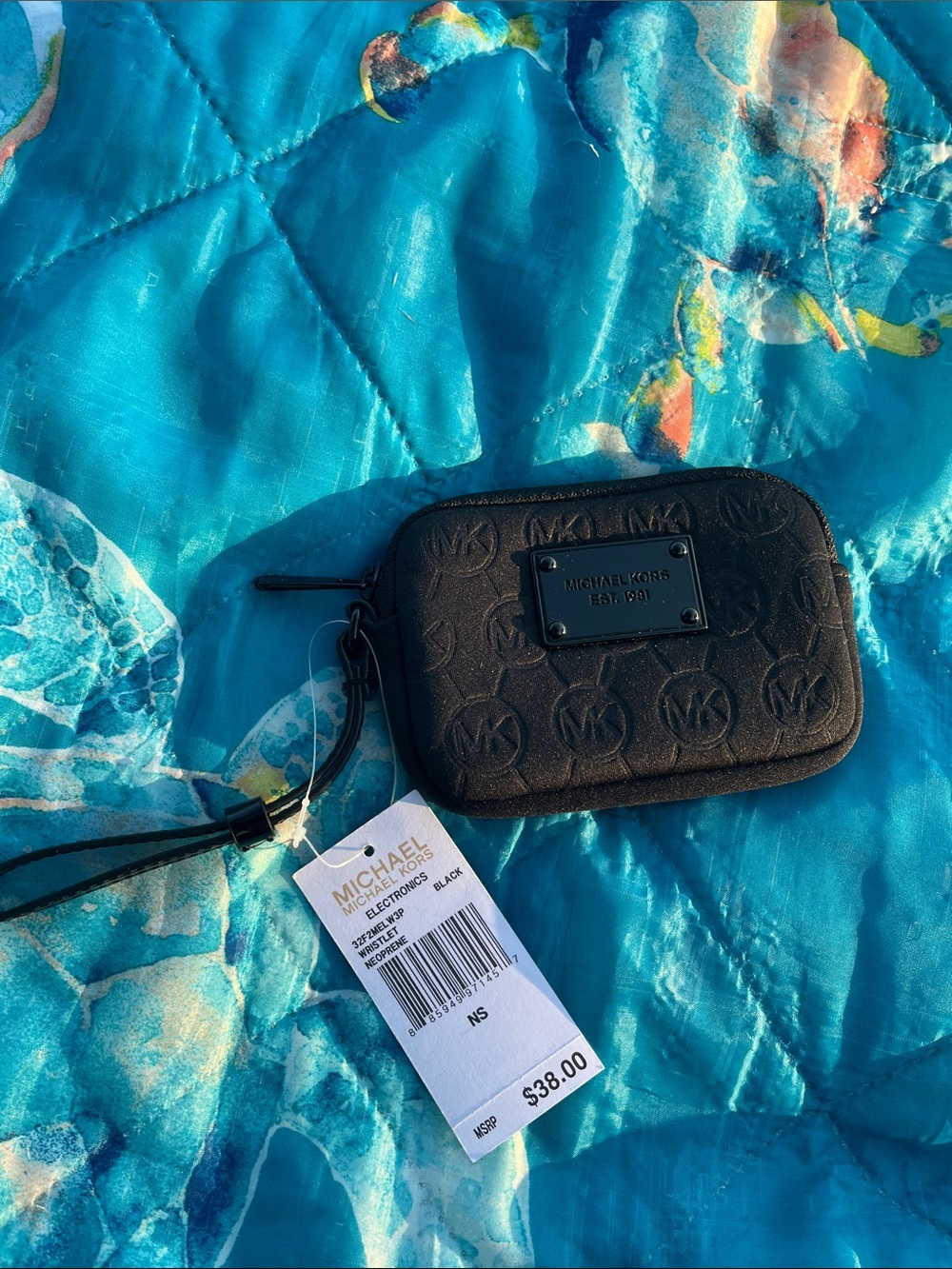 Michael Kors Black Embossed MK Wristlet Electronics Case